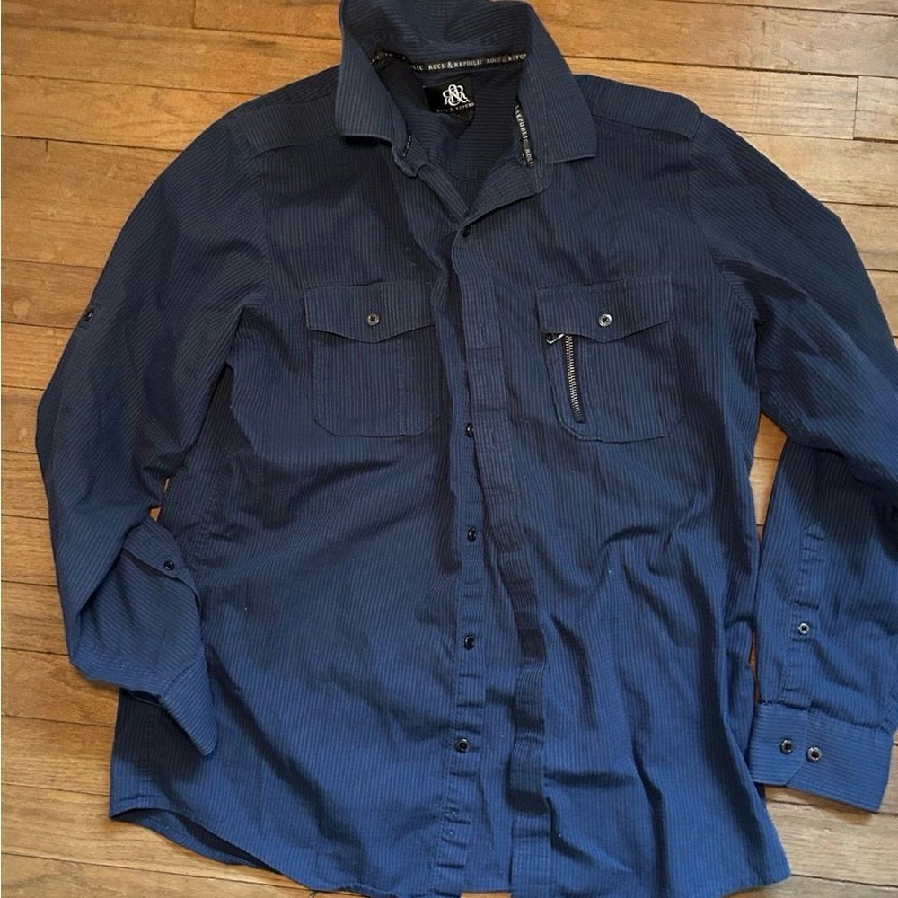 Rock & Republic Navy Pinstripe Button Up Shirt Zipper Pocket L